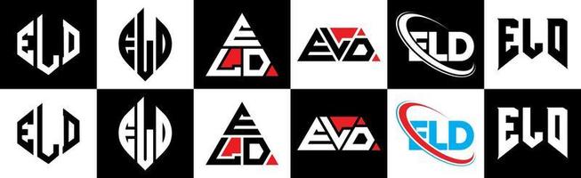 ELD letter logo design in six style. ELD polygon, circle, triangle, hexagon, flat and simple style with black and white color variation letter logo set in one artboard. ELD minimalist and classic logo vector