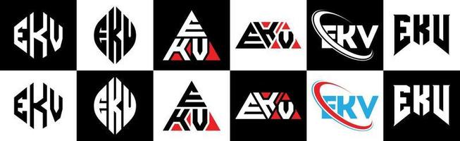 EKV letter logo design in six style. EKV polygon, circle, triangle, hexagon, flat and simple style with black and white color variation letter logo set in one artboard. EKV minimalist and classic logo vector