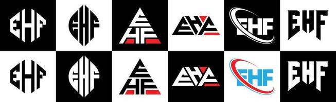 EHF letter logo design in six style. EHF polygon, circle, triangle, hexagon, flat and simple style with black and white color variation letter logo set in one artboard. EHF minimalist and classic logo vector