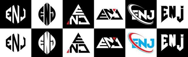 ENJ letter logo design in six style. ENJ polygon, circle, triangle, hexagon, flat and simple style with black and white color variation letter logo set in one artboard. ENJ minimalist and classic logo vector