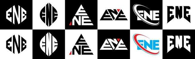 ENE letter logo design in six style. ENE polygon, circle, triangle, hexagon, flat and simple style with black and white color variation letter logo set in one artboard. ENE minimalist and classic logo vector