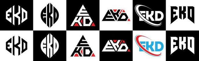 EKD letter logo design in six style. EKD polygon, circle, triangle, hexagon, flat and simple style with black and white color variation letter logo set in one artboard. EKD minimalist and classic logo vector