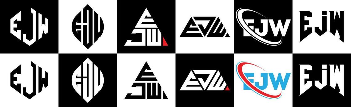 EJW letter logo design in six style. EJW polygon, circle, triangle, hexagon, flat and simple style with black and white color variation letter logo set in one artboard. EJW minimalist and classic logo vector