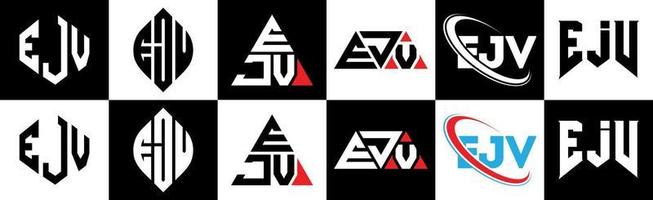 EJV letter logo design in six style. EJV polygon, circle, triangle, hexagon, flat and simple style with black and white color variation letter logo set in one artboard. EJV minimalist and classic logo vector