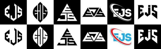 EJS letter logo design in six style. EJS polygon, circle, triangle, hexagon, flat and simple style with black and white color variation letter logo set in one artboard. EJS minimalist and classic logo vector