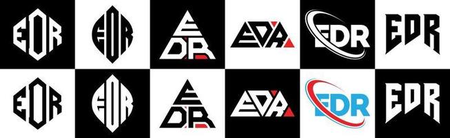 EDR letter logo design in six style. EDR polygon, circle, triangle, hexagon, flat and simple style with black and white color variation letter logo set in one artboard. EDR minimalist and classic logo vector
