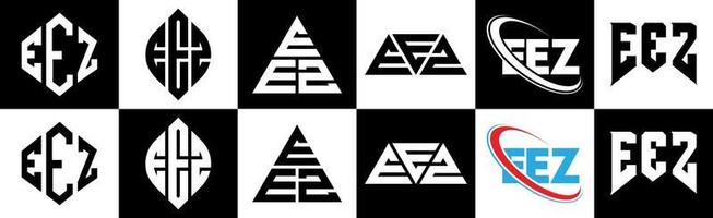 diseño de logotipo de letra eez en seis estilos. eez polígono, círculo, triángulo, hexágono, estilo plano y simple con logotipo de letra de variación de color blanco y negro en una mesa de trabajo. eez logotipo minimalista y clásico vector