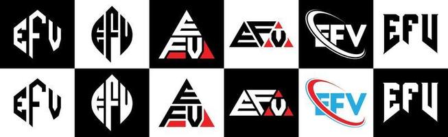 diseño de logotipo de letra efv en seis estilos. polígono efv, círculo, triángulo, hexágono, estilo plano y simple con logotipo de letra de variación de color blanco y negro en una mesa de trabajo. logotipo minimalista y clásico de efv vector