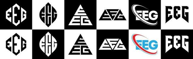 EEG letter logo design in six style. EEG polygon, circle, triangle, hexagon, flat and simple style with black and white color variation letter logo set in one artboard. EEG minimalist and classic logo vector