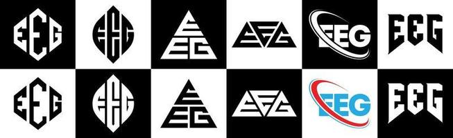 diseño de logotipo de letra eeg en seis estilos. eeg polígono, círculo, triángulo, hexágono, estilo plano y simple con logotipo de letra de variación de color blanco y negro en una mesa de trabajo. logotipo minimalista y clásico de eeg vector