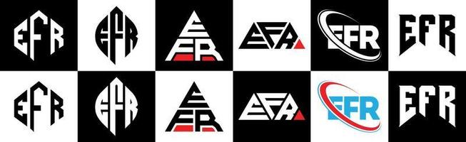 diseño de logotipo de letra efr en seis estilos. efr polígono, círculo, triángulo, hexágono, estilo plano y simple con logotipo de letra de variación de color blanco y negro en una mesa de trabajo. logotipo minimalista y clásico de efr vector