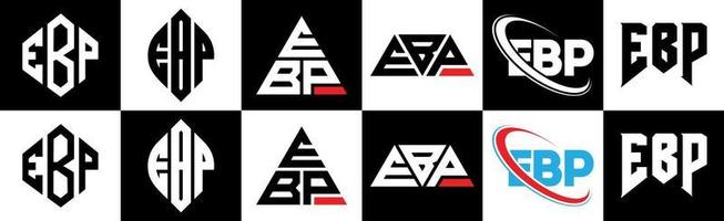 Diseño de logotipo de letra ebp en seis estilos. ebp polígono, círculo, triángulo, hexágono, estilo plano y simple con logotipo de letra de variación de color blanco y negro en una mesa de trabajo. logotipo minimalista y clásico de ebp vector