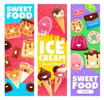 Ice cream, bakery and dessert cartoon characters vector