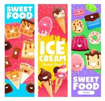 Ice cream, bakery and dessert cartoon characters vector