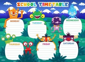 Education timetable schedule monster characters vector