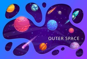 Papercut space landscape with planets and rocket vector