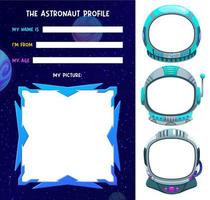 Astronaut profile form, questionnaire, photo booth vector