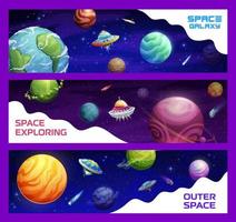 Cartoon space planets and ufo vector banners set