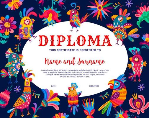 Kids diploma, Brazilian and Mexican parrot birds