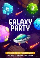 Galaxy party flyer with cartoon UFO and planets vector