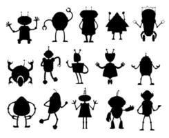 Robots and droids, alien cyborg silhouettes vector