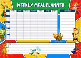 Weekly meal planner superhero tex mex characters vector