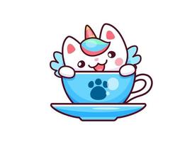 Cartoon cute kawaii caticorn character in tea cup vector