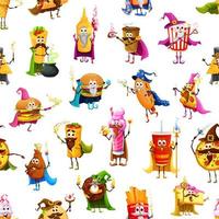 Fast food meals wizard characters seamless pattern vector