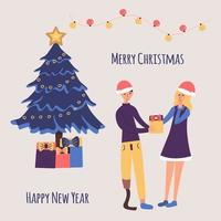 Disabled guy with his girl celebrating Christmas. Cartoon vector