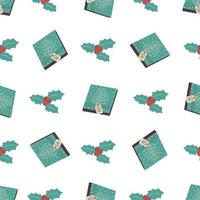 Seamless pattern gift box and holly berry. Vector