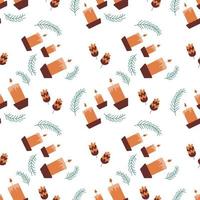 Christmas pattern with fir branches, candles and pine cones. Vector