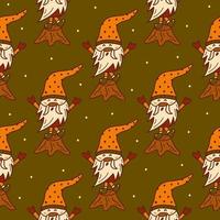 Seamless pattern gnome stands on a tree stump. Vector