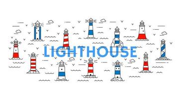 Line sea lighthouses and beacons background vector