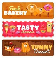 dulces de dibujos animados, personajes de panadería y postres vector