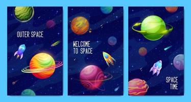 carteles espaciales con paisajes de galaxias, expedición vector