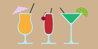 Set of cocktails. An illustration of classical drinks in different types of glasses. Vector illustration of summer cocktails. Banner with soft and alcohol drinks.