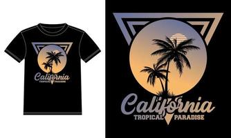 California Tropical Paradise typography and palm trees with sun sunset colors T-shirt graphics, Vector print design template, Car Window Sticker, POD, cover, Isolated Black background