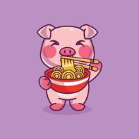 Cute pig standing eating ramen noodles with chopsticks cartoon icon illustration vector