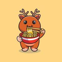 Cute deer standing eating ramen noodles with chopsticks cartoon icon illustration vector