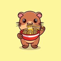 linda nutria de pie comiendo fideos ramen con palillos ilustración de icono de dibujos animados vector