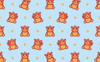 Seamless pattern with cute brown bear sitting and showing peace sign hand, vector illustration