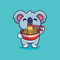 Cute koala standing eating ramen noodles with chopsticks cartoon icon illustration vector