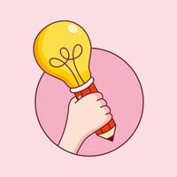 Hand holding pencil light bulb vector cartoon illustration icon in comic style