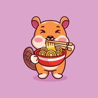 linda ardilla de pie comiendo fideos ramen con ilustración de icono de dibujos animados de palillos vector