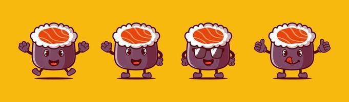 mascota de dibujos animados de rollo de sushi vectorial con diferentes expresiones vector