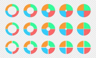 Pie and donut charts set. Circle diagrams divided in 4 sections. Colorful infographic wheels. Round shapes cut in four equal parts isolated on transparent background vector