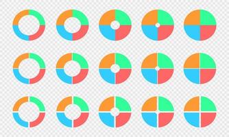 conjunto de gráficos circulares y de anillos. diagramas circulares divididos en 4 secciones. ruedas infográficas coloridas. formas redondas cortadas en cuatro partes iguales aisladas sobre fondo transparente vector