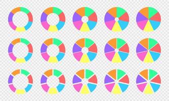 Pie and donut charts collection. Circle diagrams divided in 7 sections of different colors. Infographic wheels with seven equal parts isolated on transparent background vector