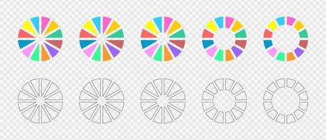 Donut charts set. Infographic wheels divided in 12 multicolored and graphic sections. Circle diagrams or loading bars. Round shapes cut in twelve equal parts vector