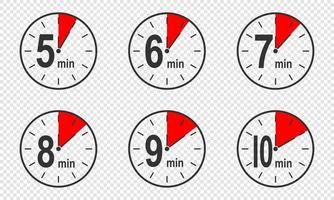 Timer icons with 5, 6, 7, 8, 9, 10 minute time interval. Countdown clock or stopwatch symbols. Infographic elements for cooking preparing instruction vector